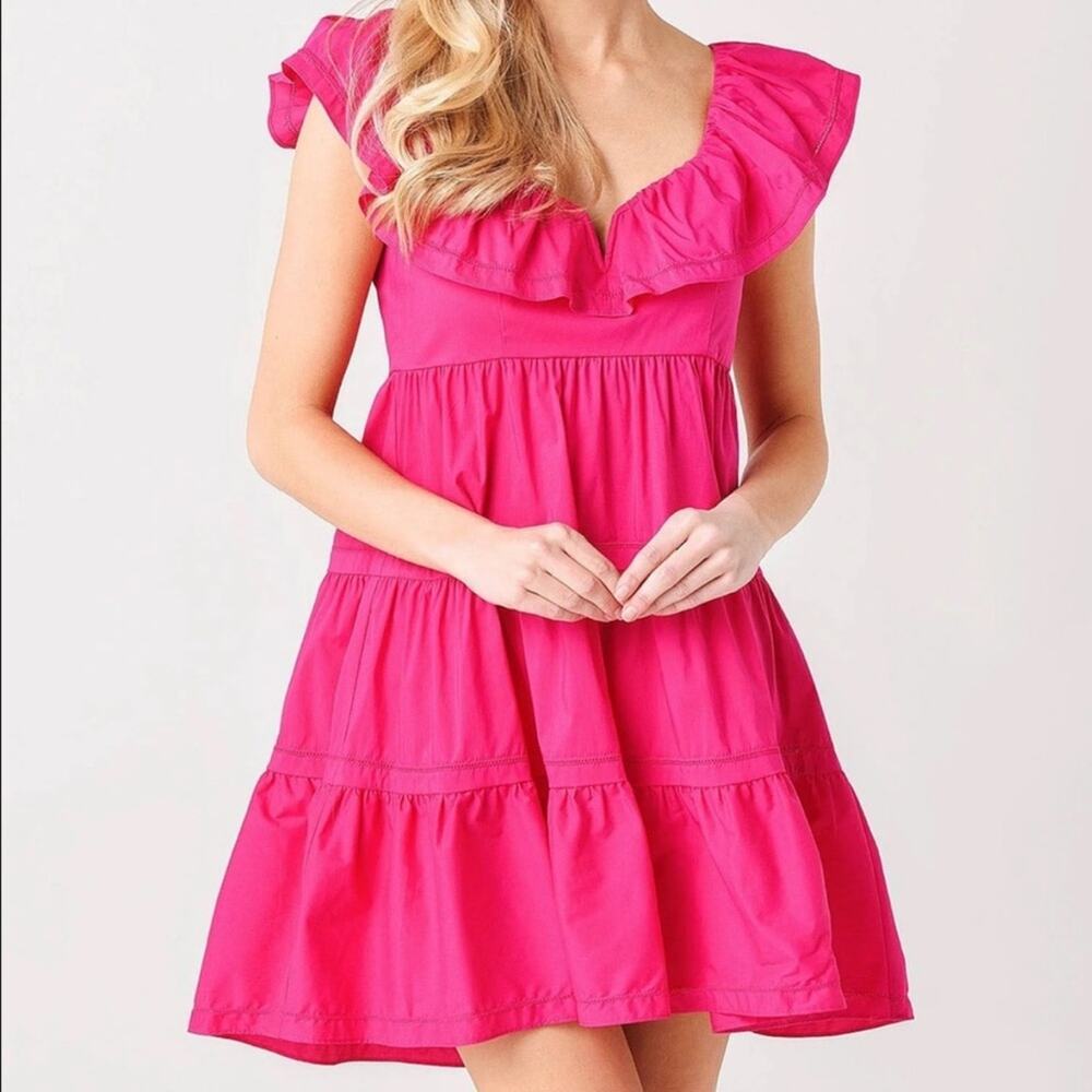 Saylor Karalyn Hot Pink Tiered Ruffle Sleeveless Tie Back Mini Dress Sz S‎